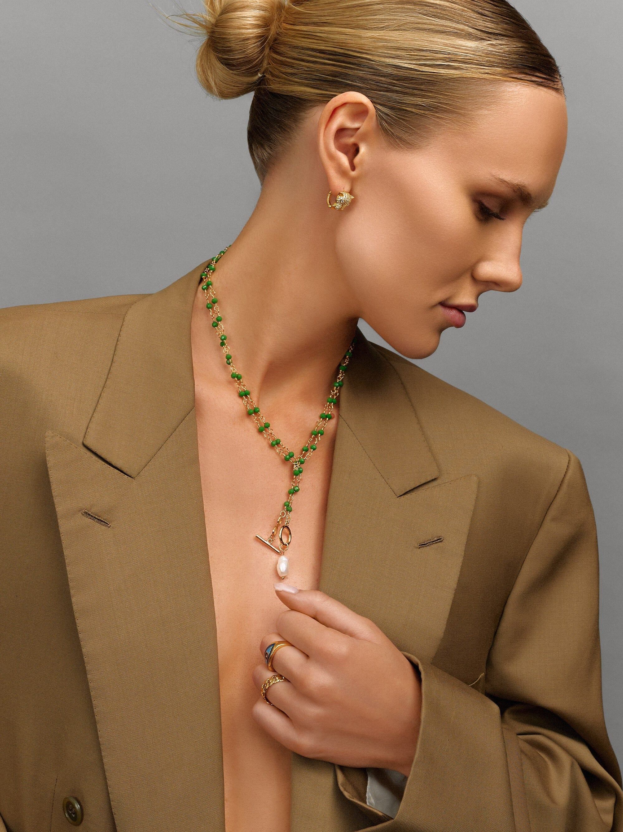 Women's Green CZ Wrap Necklace with Pearl