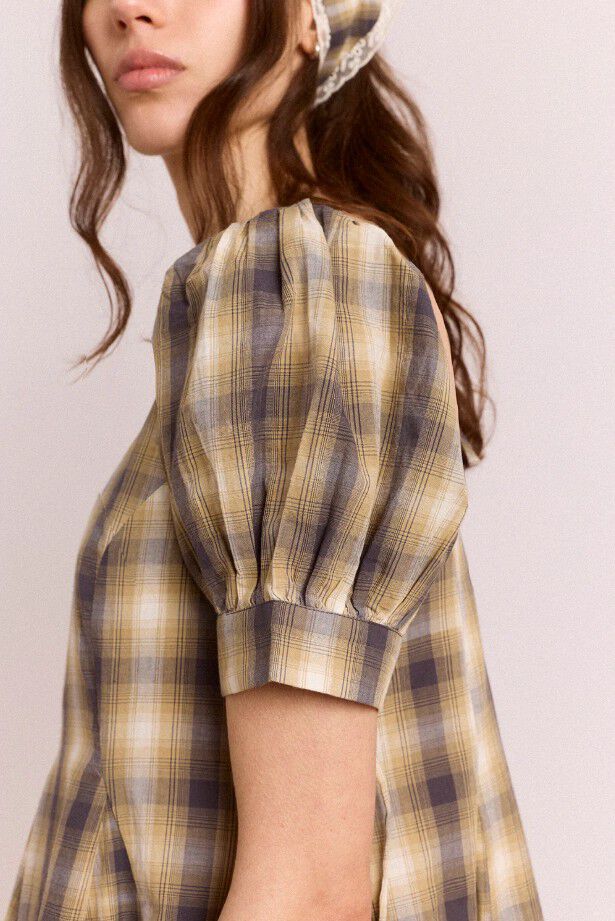 SABINA MINI GODET DRESS - CARDAMON MIX CHECK