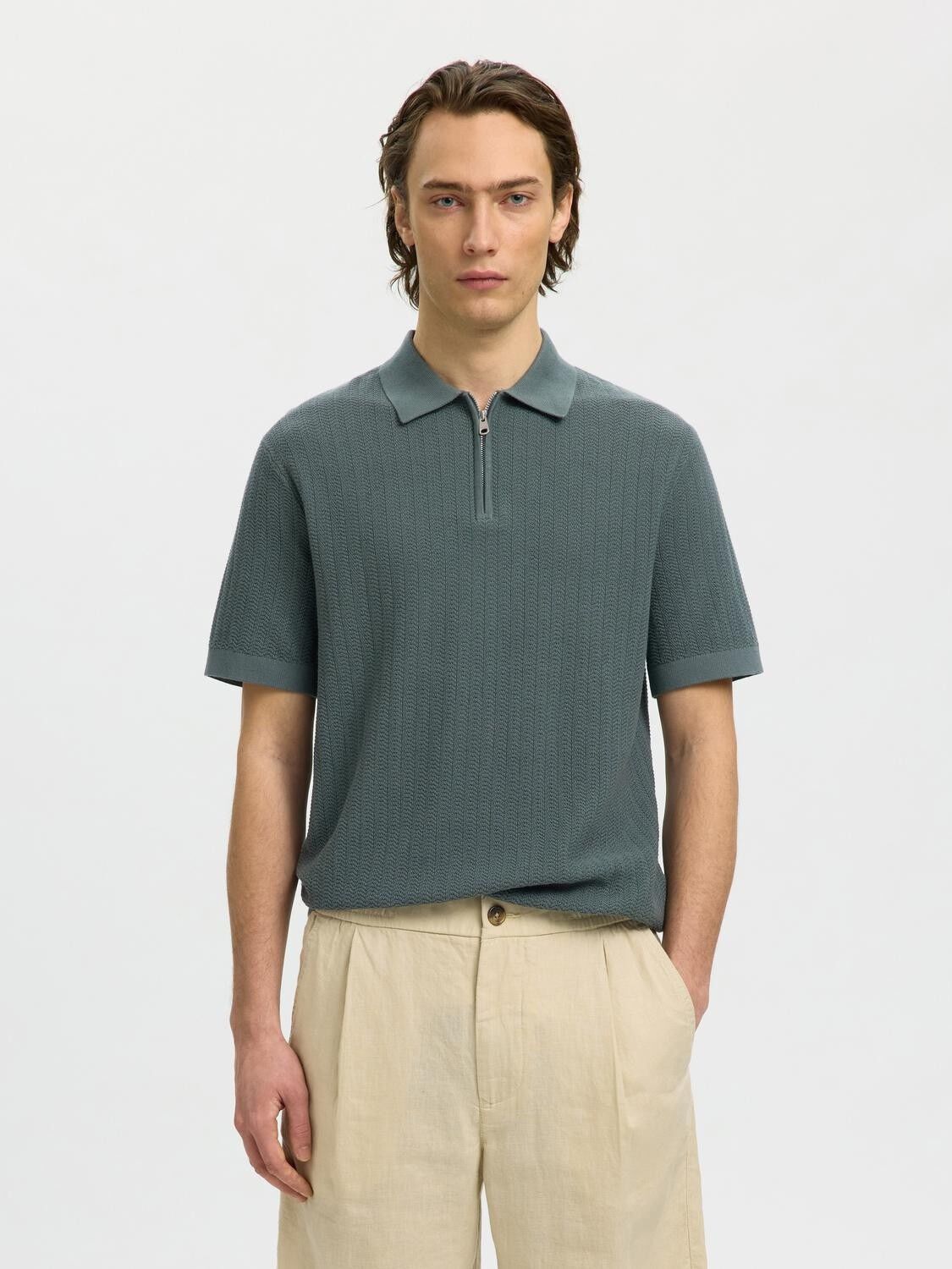 SLHCRAN SS KNIT STRUCTURE ZIP POLO