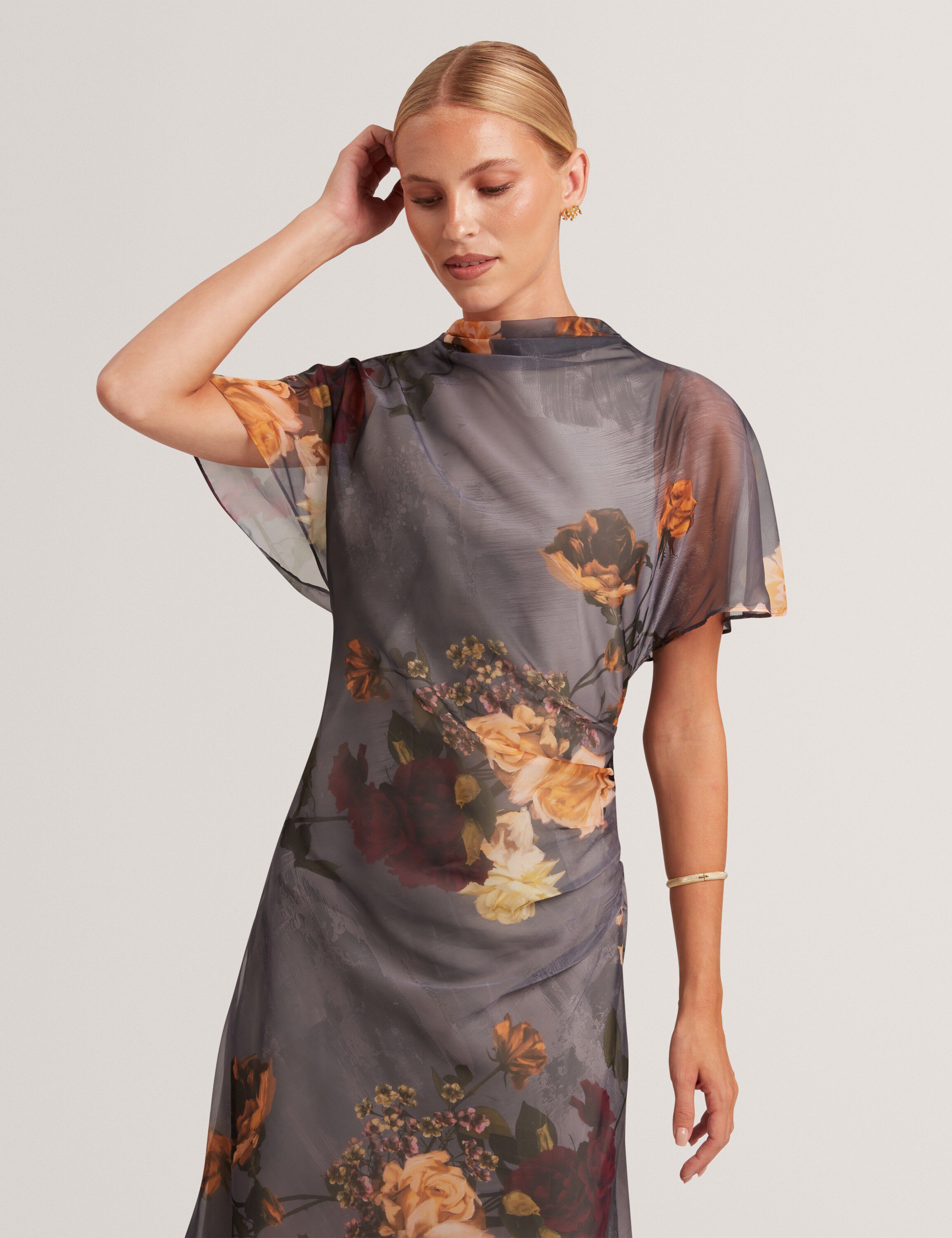 NOELHA Printed Drape Neck Midi Dres