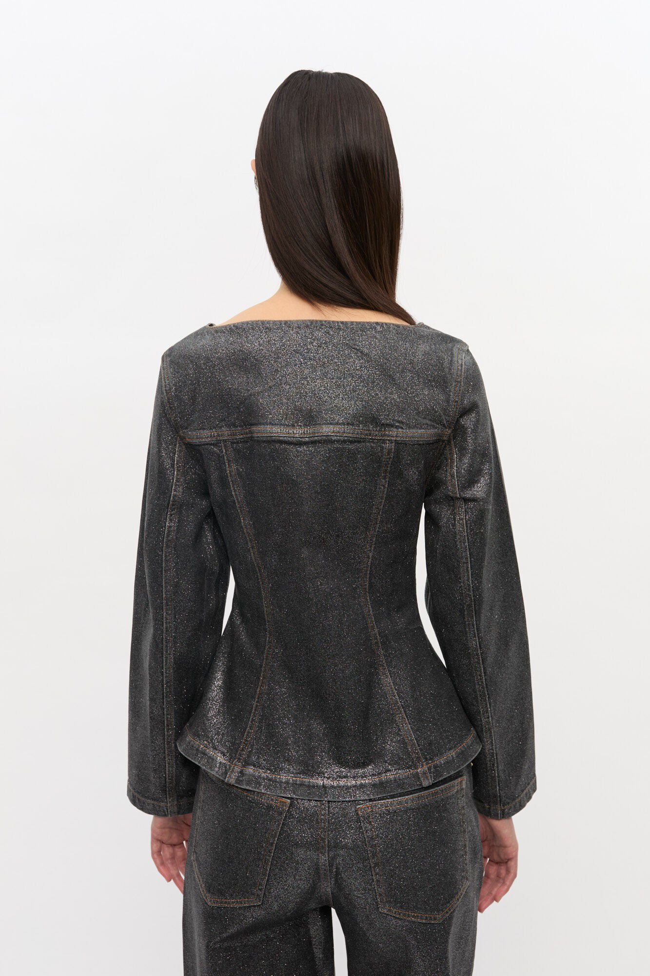 Shimmery Foil Denim Fitted Blazer