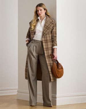 Plaid Wool-Blend Twill Wrap Coat
