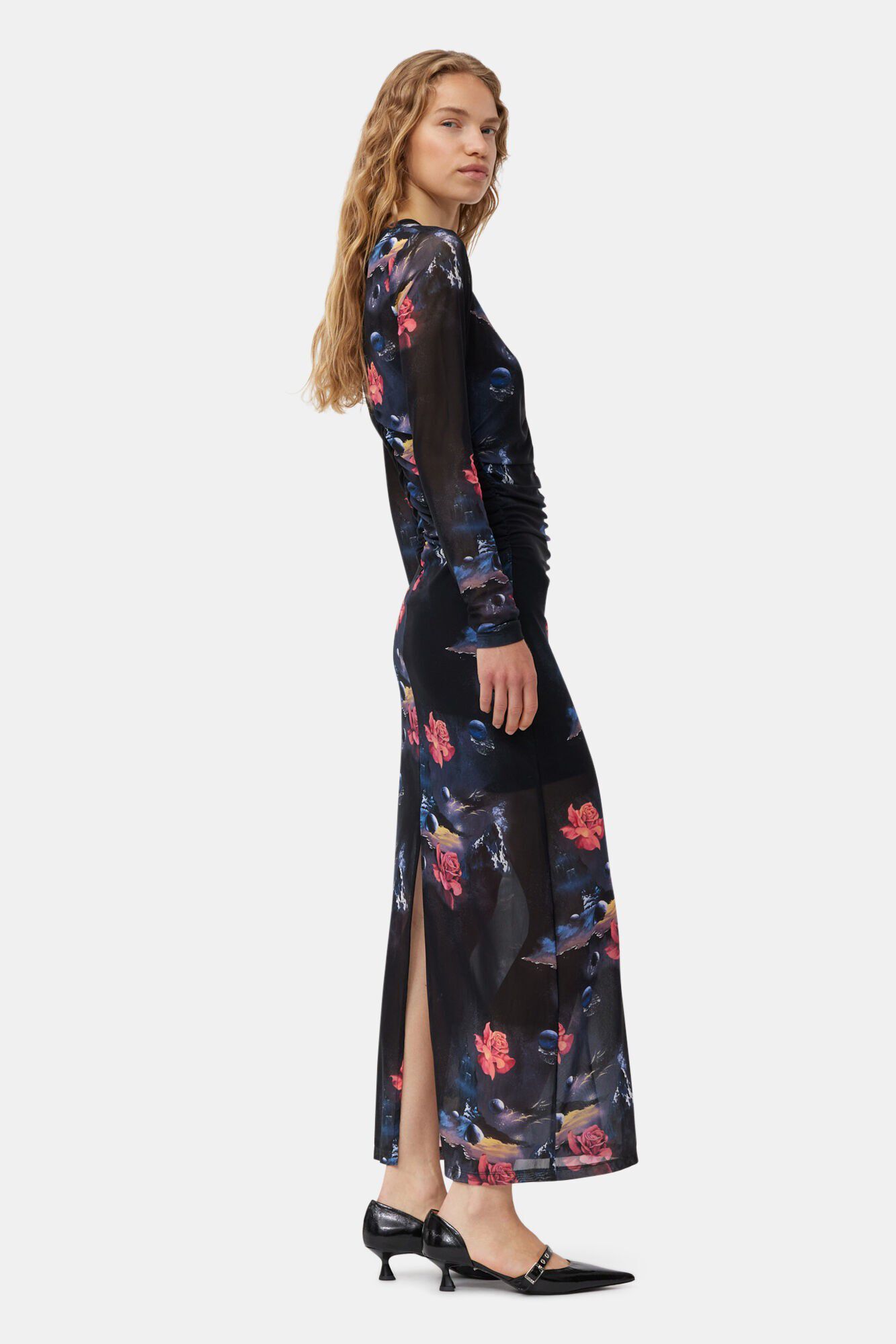 Printed Mesh O-neck Ruched Long Dre