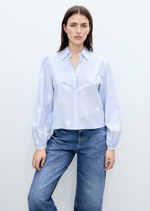 Flower embroidered striped shirt