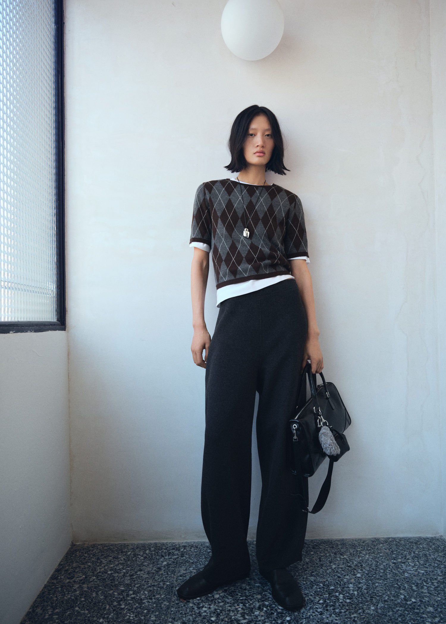 Short-sleeve argyle jumper