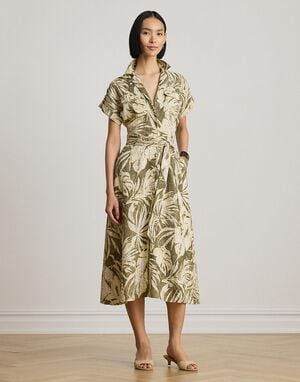 Palm-Frond-Print Linen Camp Shirtdress