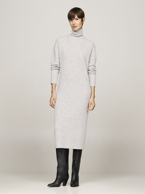 WOOL CASH ROLL-NK LS LONG DRESS