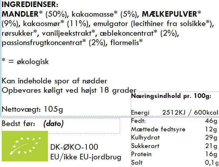 Mandler / passionsfrugt / m&aelig;lkechokolade