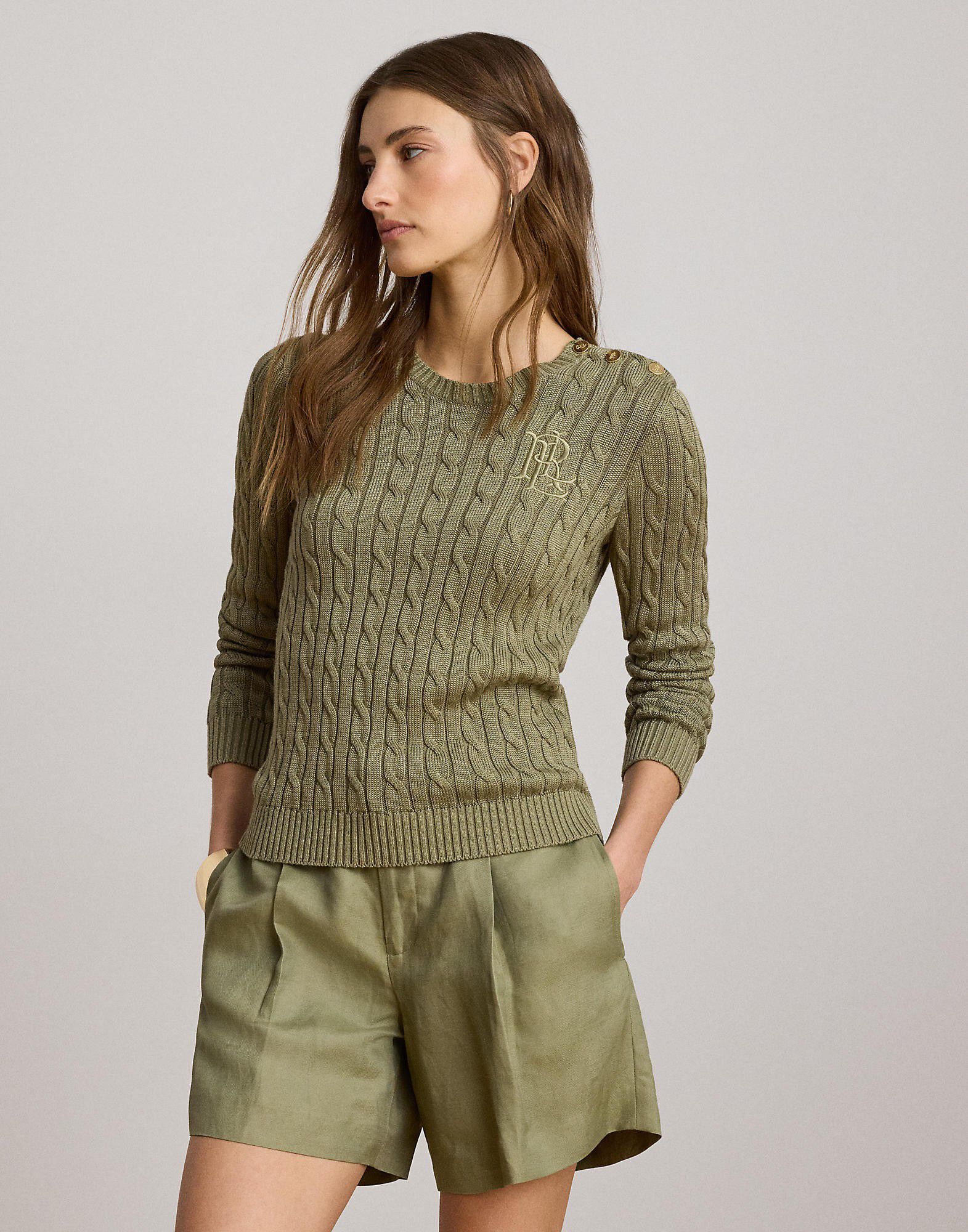 Button-Trim Cable-Knit Sweater