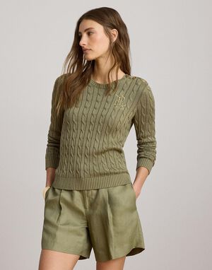 Button-Trim Cable-Knit Sweater