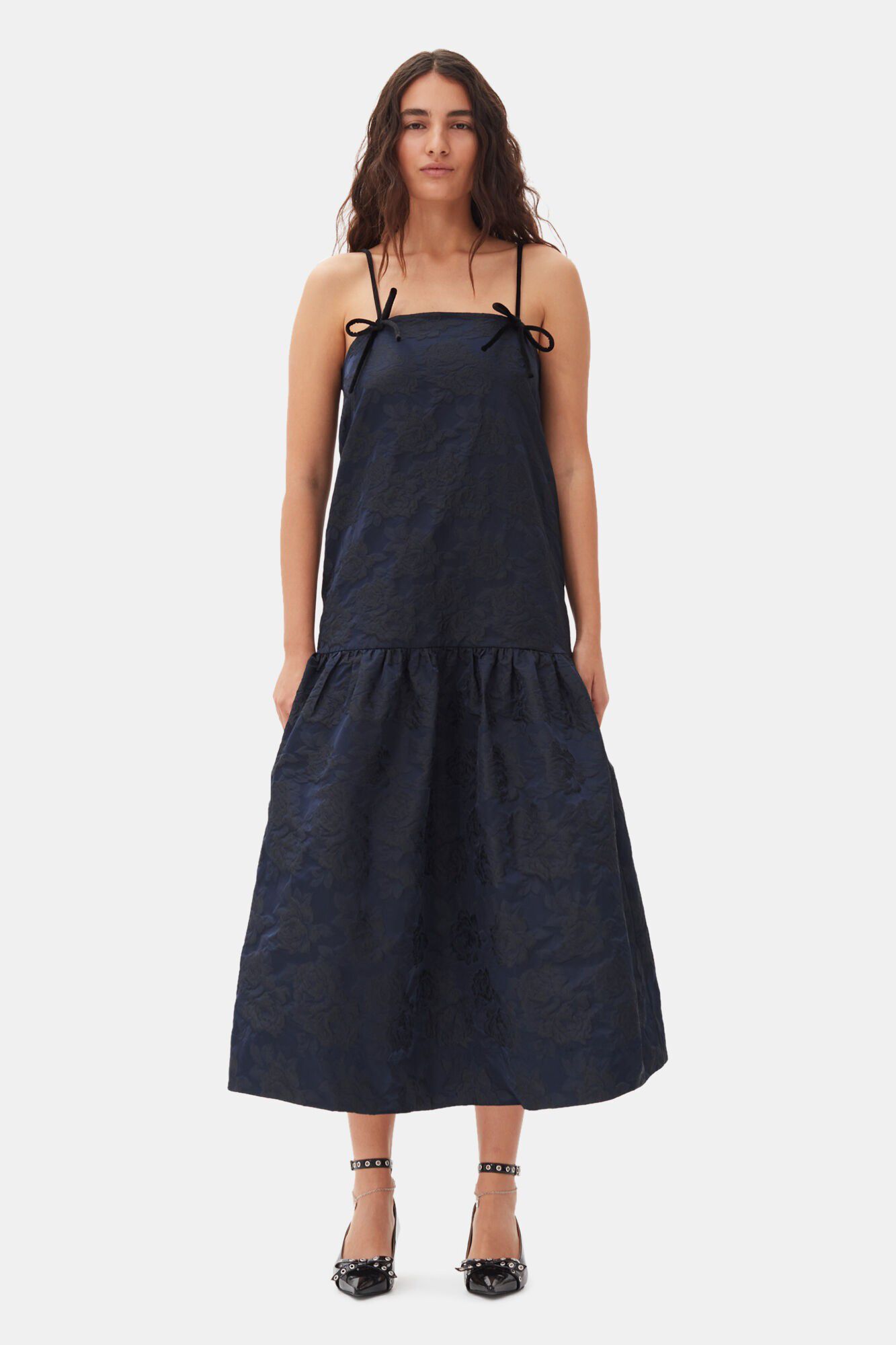 Botanical Jacquard Strap Midi Dress