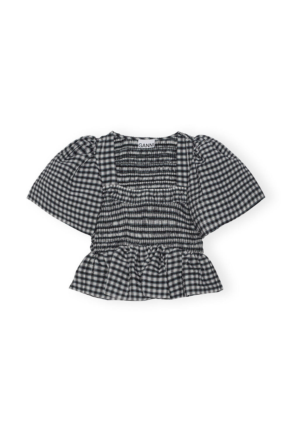 Seersucker Check Open-neck Smock Bl