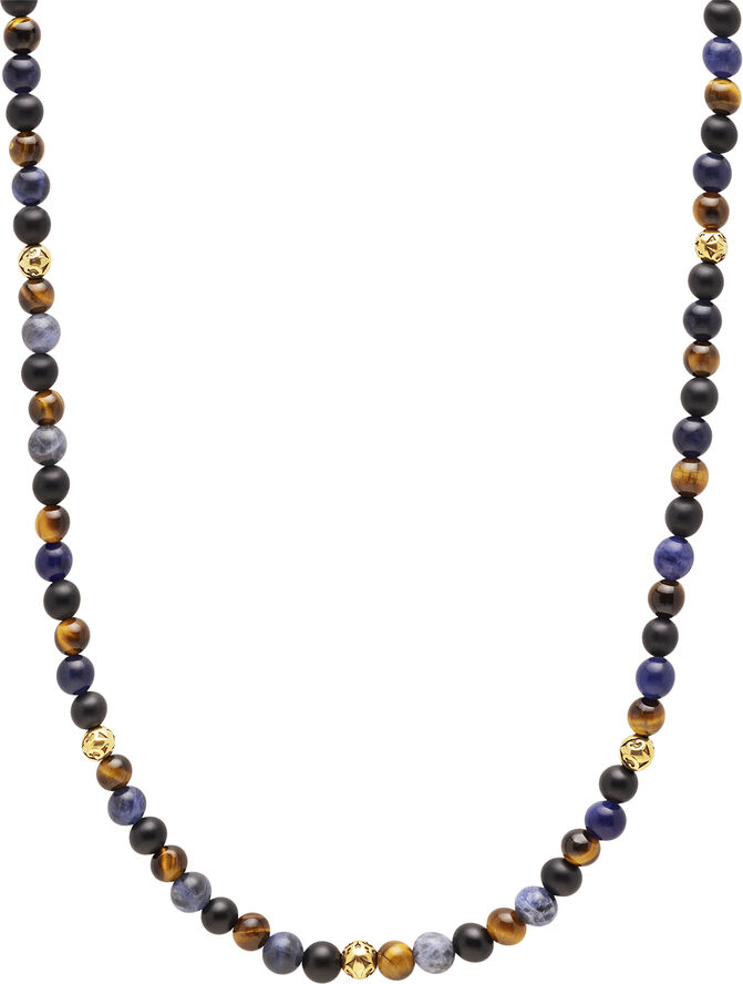 Beaded Necklace with Dumortierite, Brown Tiger Eye, and Gold