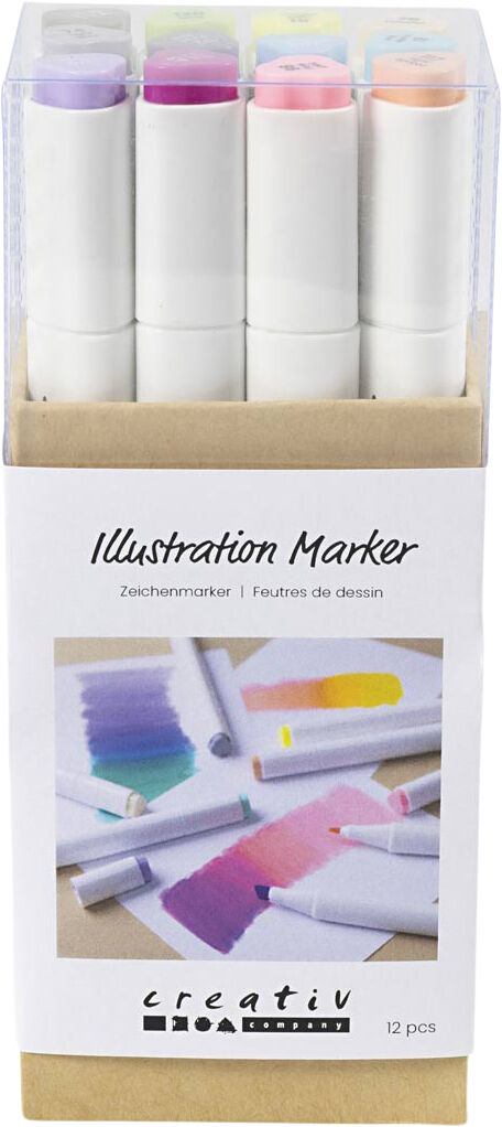 Tegnetusch, streg 1+8 mm, pastelfarver, 12stk.