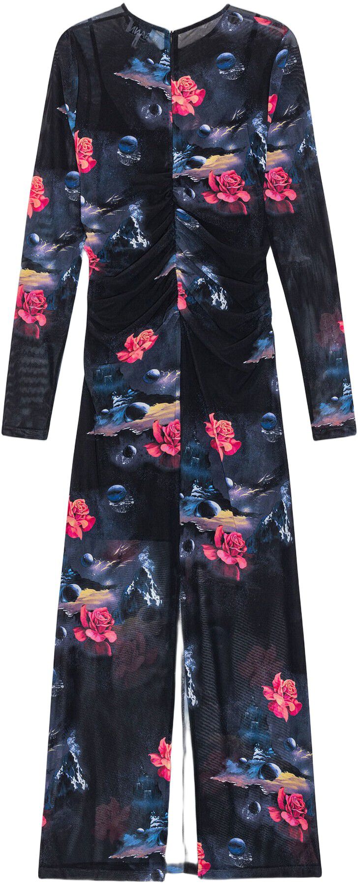 Printed Mesh O-neck Ruched Long Dre