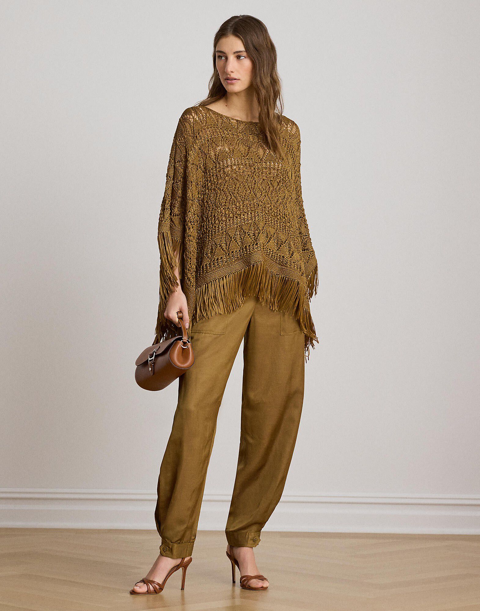 Fringe-Trim Pointelle Sweater Poncho