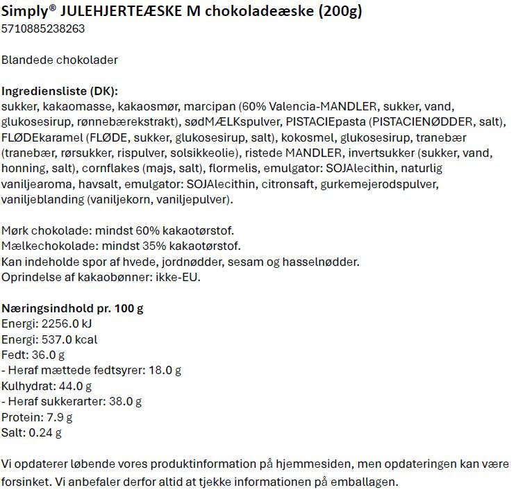 Simply&reg; JULEHJERTE&AElig;SKE M chokolade&aelig;ske (200g)