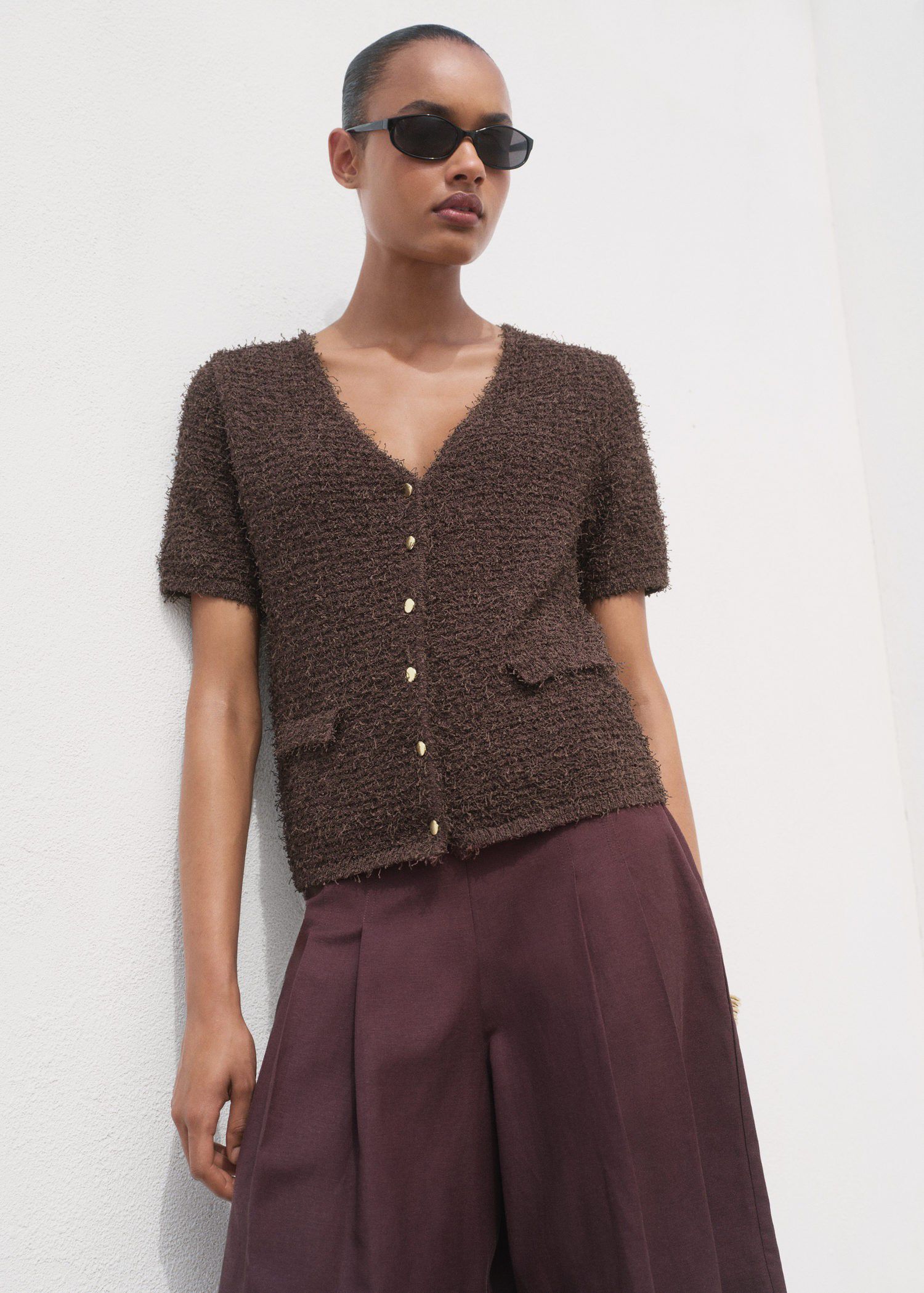 Short-sleeved boucl&eacute; cardigan