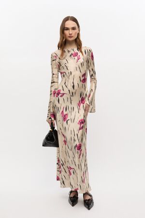 Printed Stretch Satin Long Sleeve M