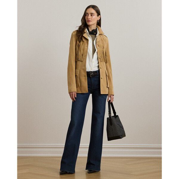 Fringe-Trim Belted Goat-Suede Jacket
