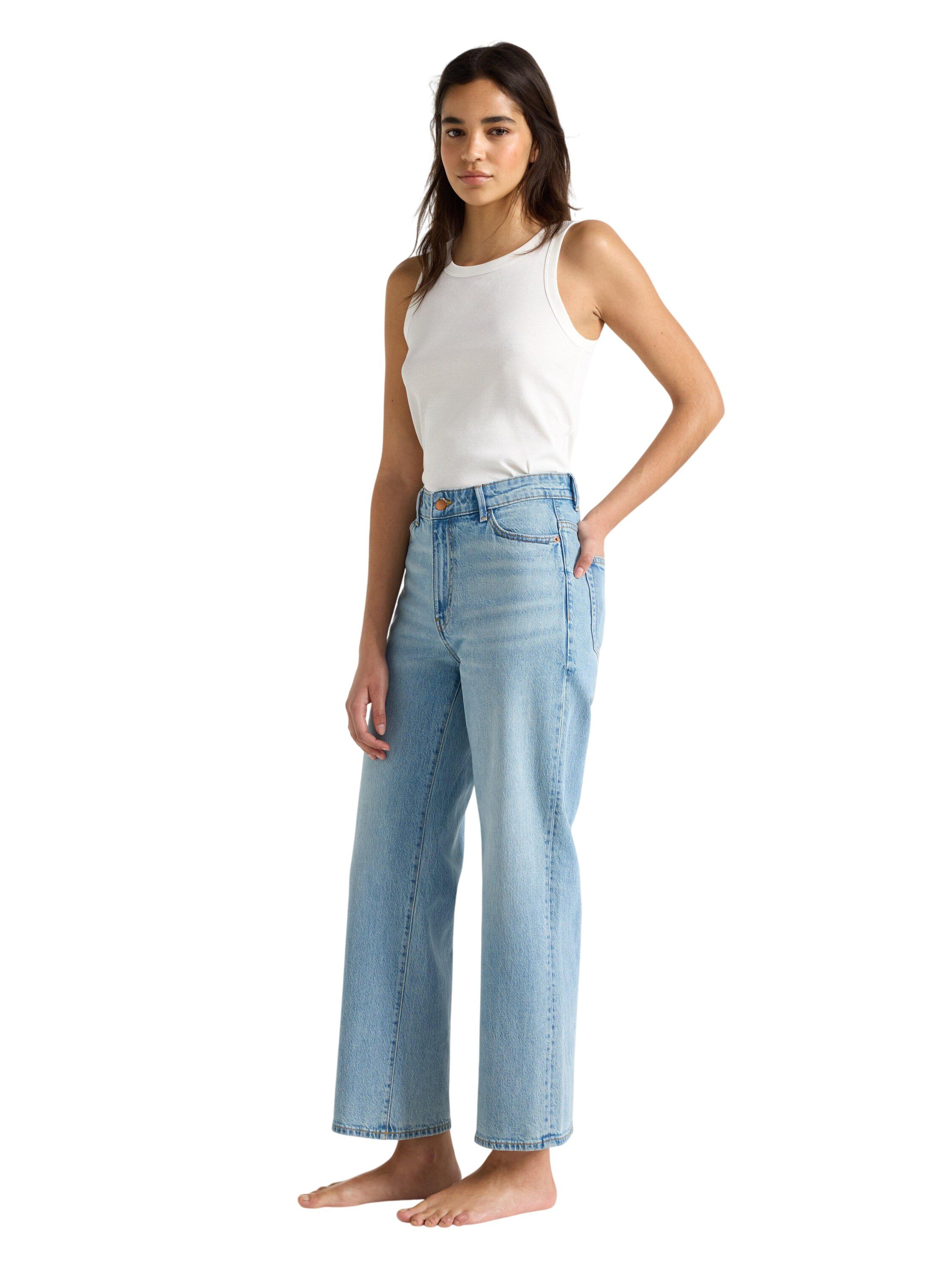 H&oslash;jtaljede jeans i bomuldsdenim med