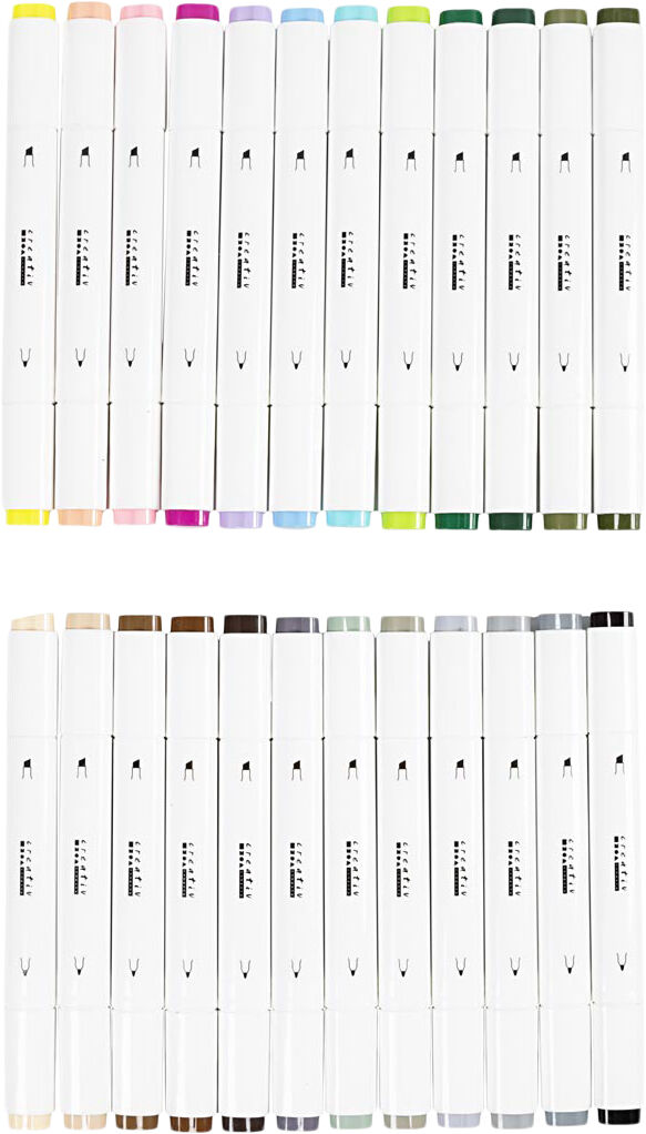 Tegnetusch, streg 1+8 mm, pastelfarver, standardfarver, 24st