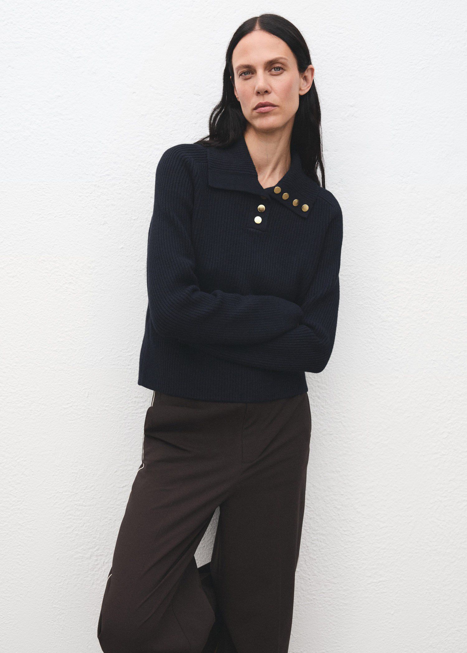 Ribbed polo-neck sweater with butto