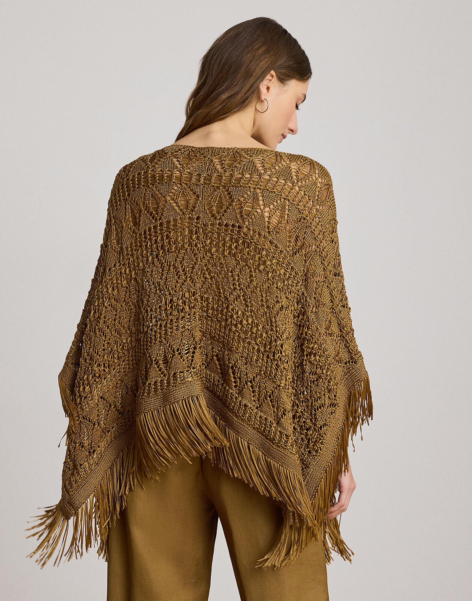 Fringe-Trim Pointelle Sweater Poncho