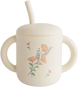 Mushie Silicone Training Cup + Straw Pink Flowers