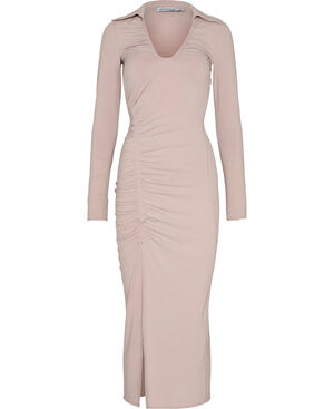TAUPE JERSEY GATHERED MIDI DRESS