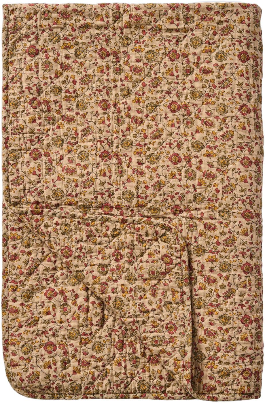 Quilt brun m/r&oslash;de, orange og gr&aring; blomsterranker