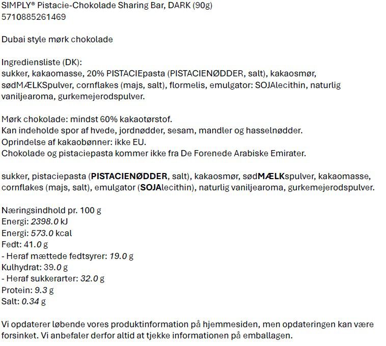 SIMPLY&reg; Pistacie-Chokolade Sharing Bar, M&Oslash;RK (90g)