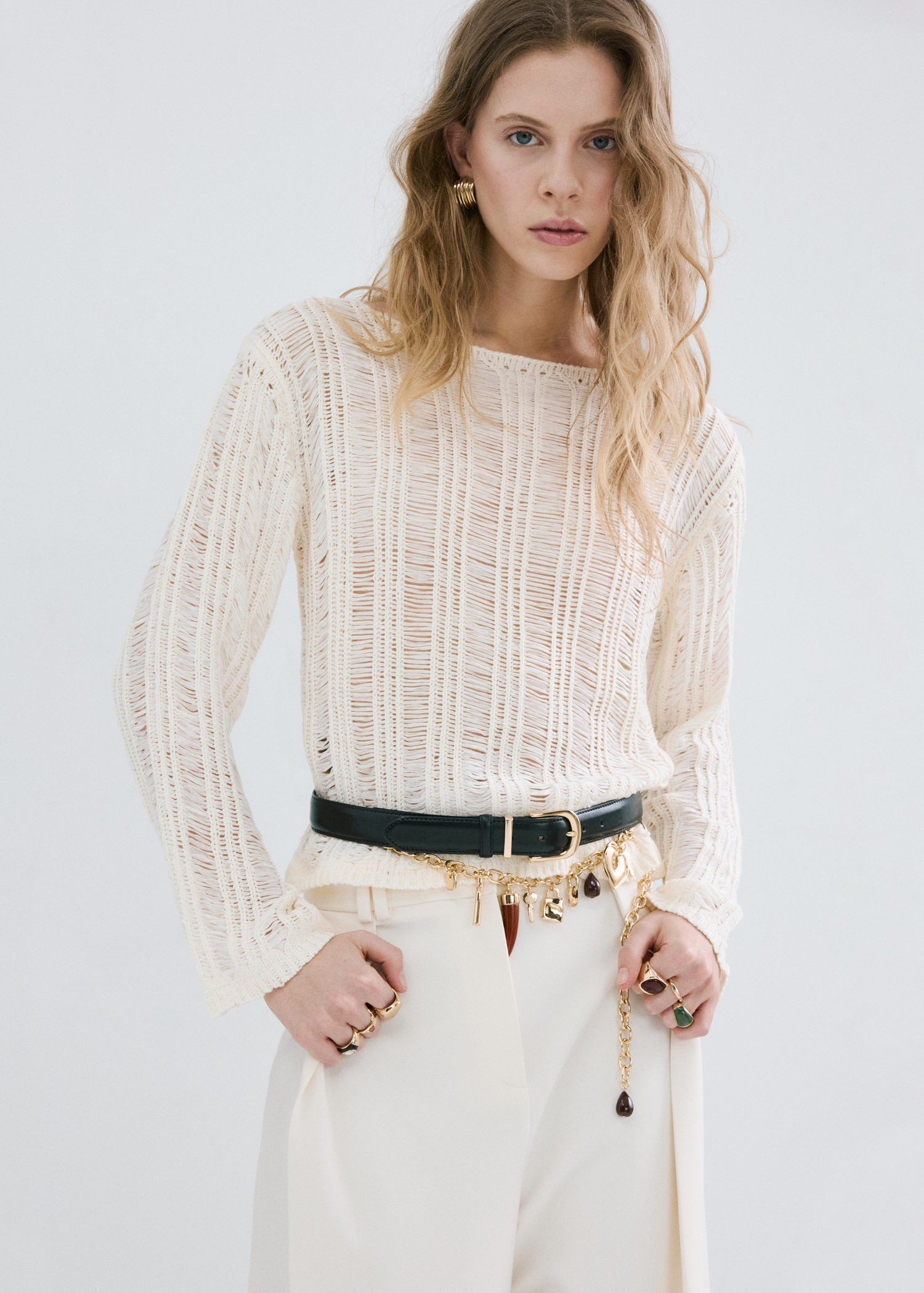Frayed open-knit jumper