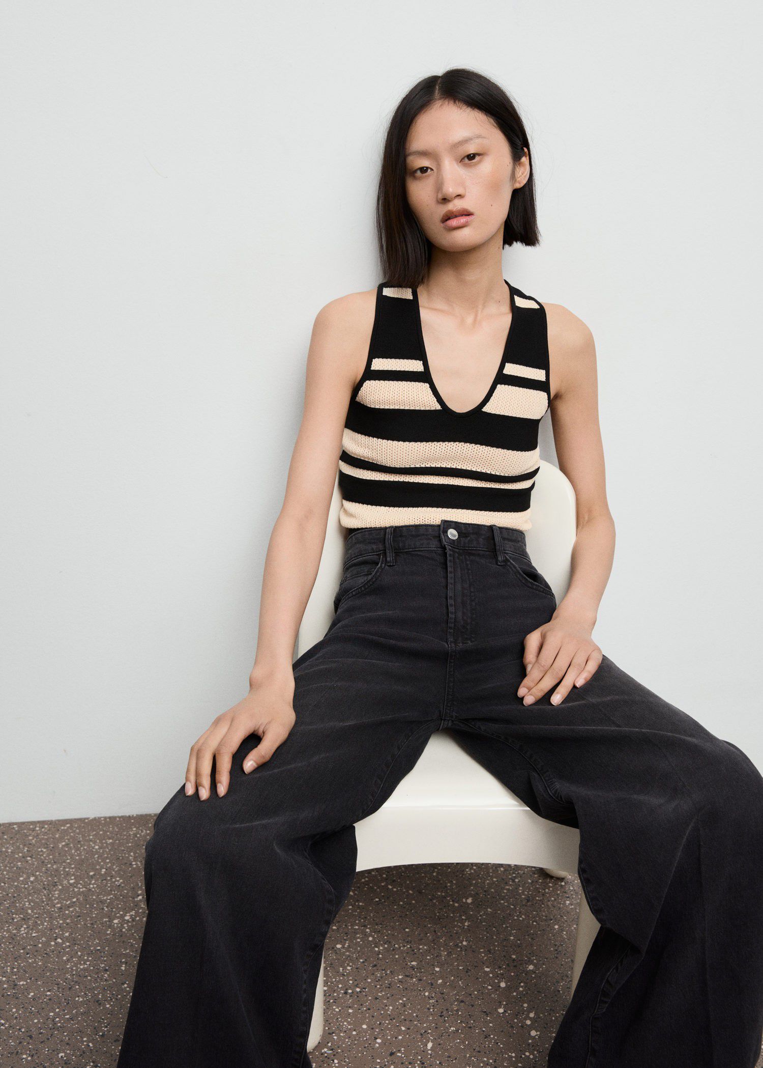 Striped knit top with V-neck