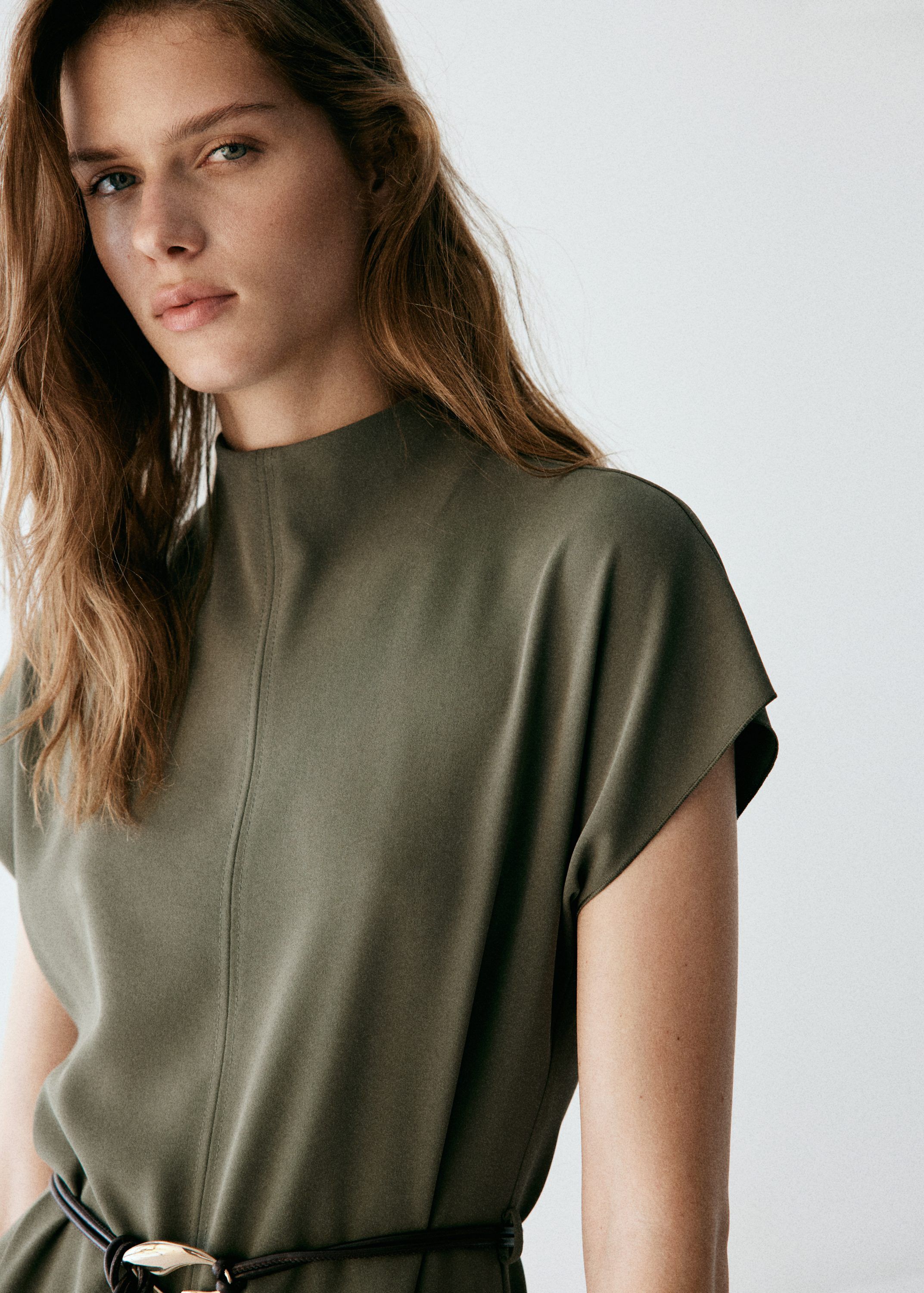 High-neck dress with belt