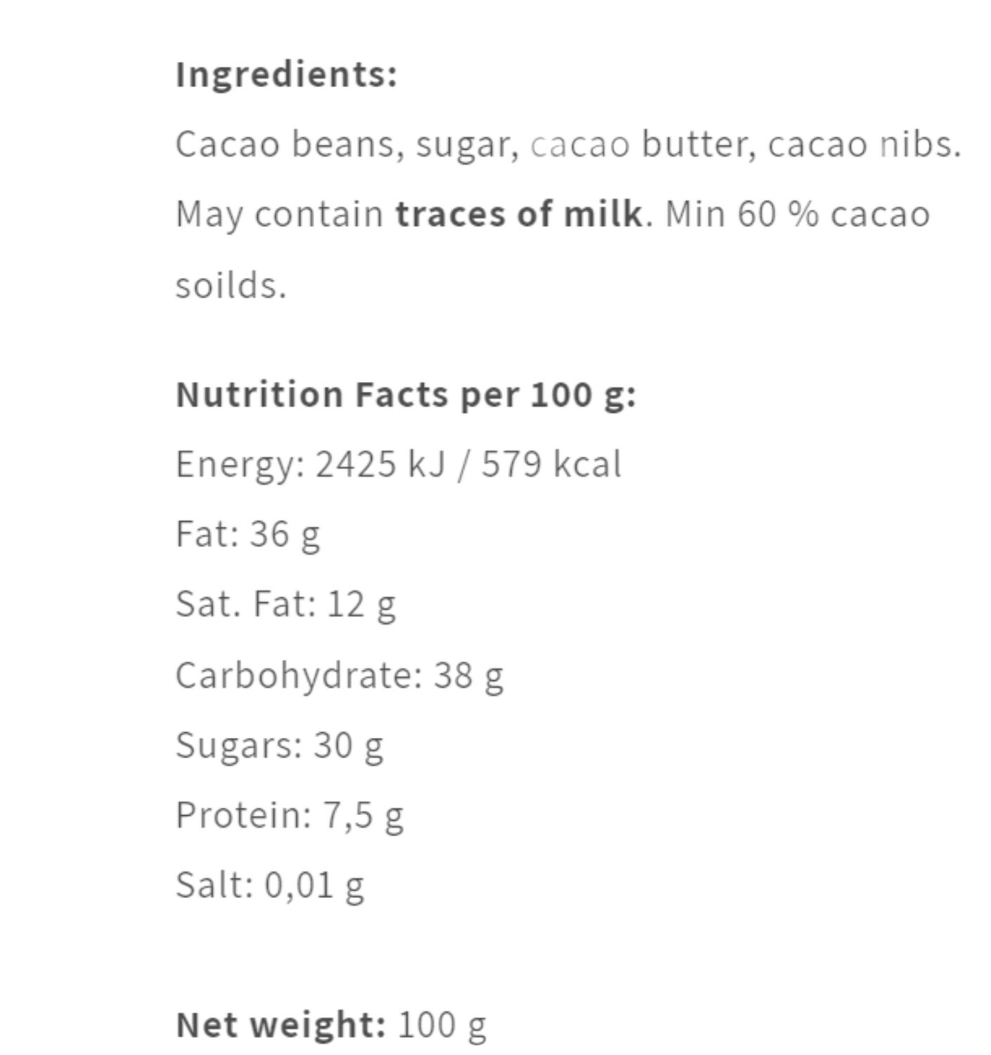 La Dalia Nibs 60 %, Nicaragua.