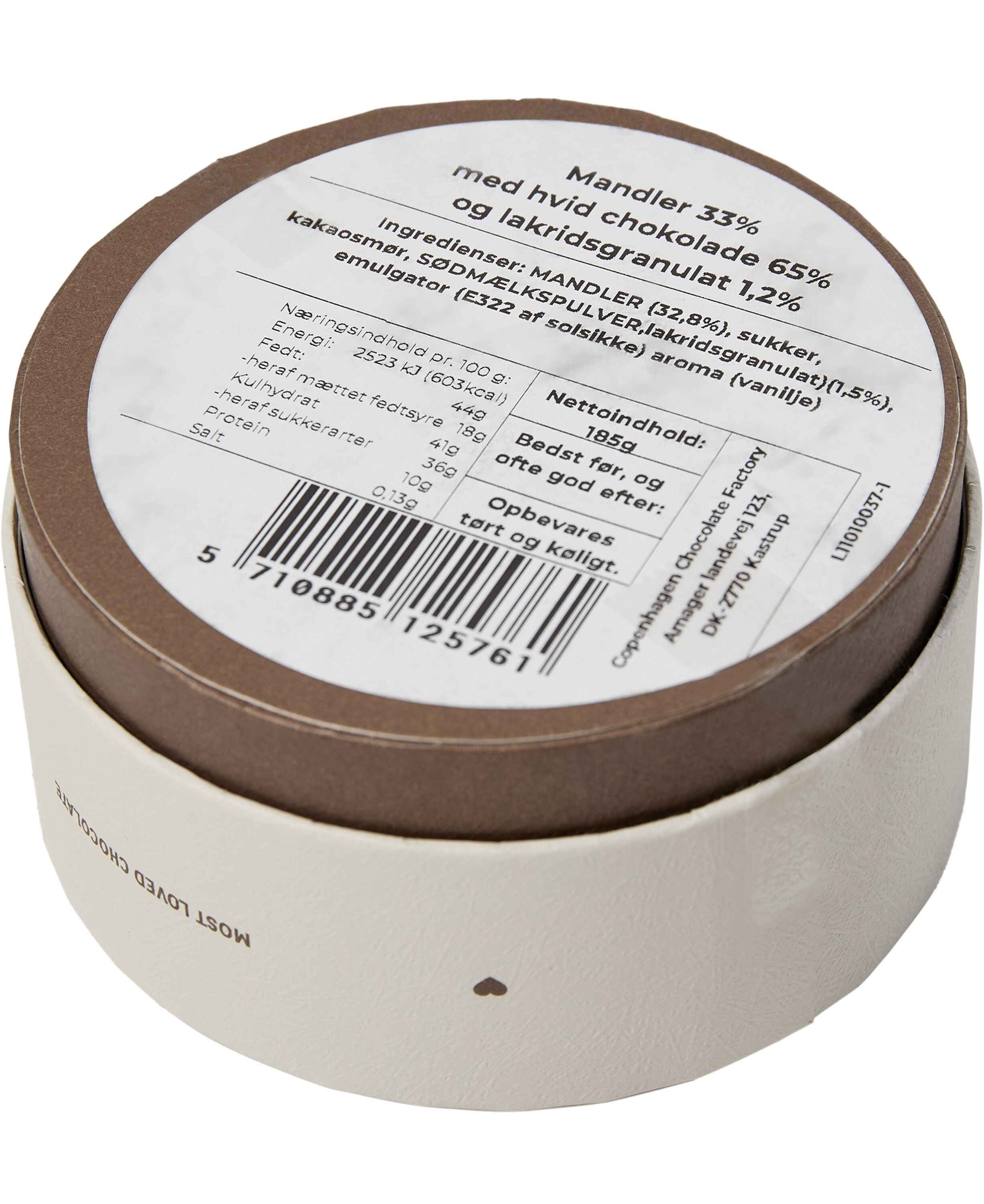 Box, Mandeldrag&eacute; m/ hvid chokolade & lakridsgranulat ca. 185