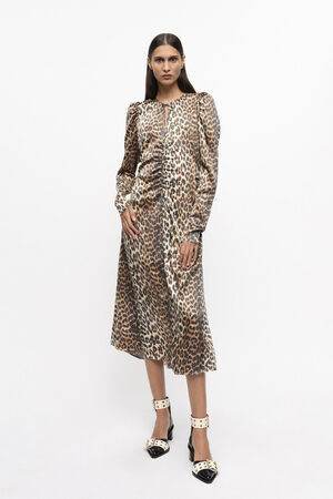 Printed Satin Ruched Midi Dress