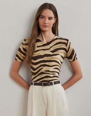 Print Linen-Cotton Short-Sleeve Sweater