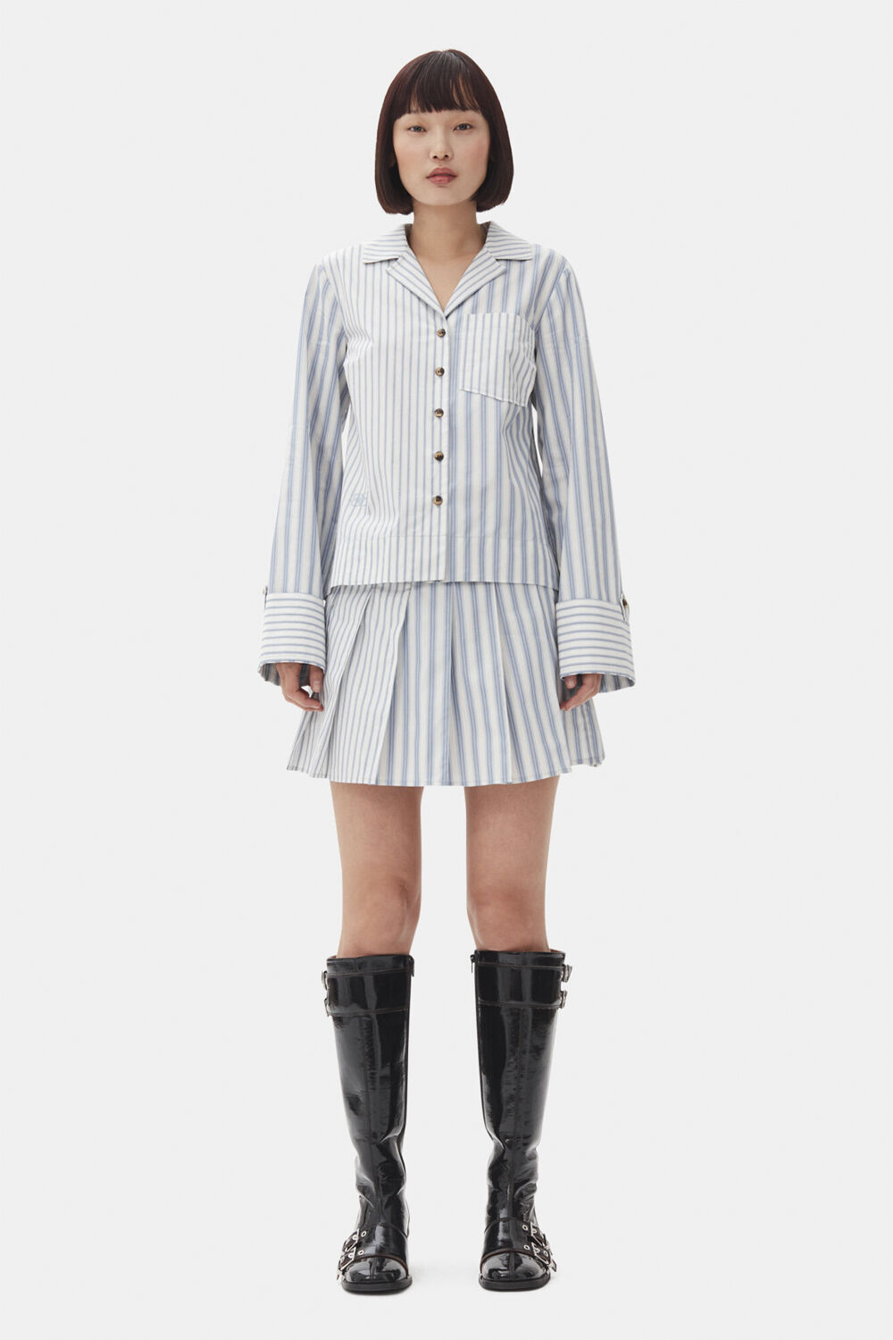 Stripe Cotton Pleated Mini Skirt