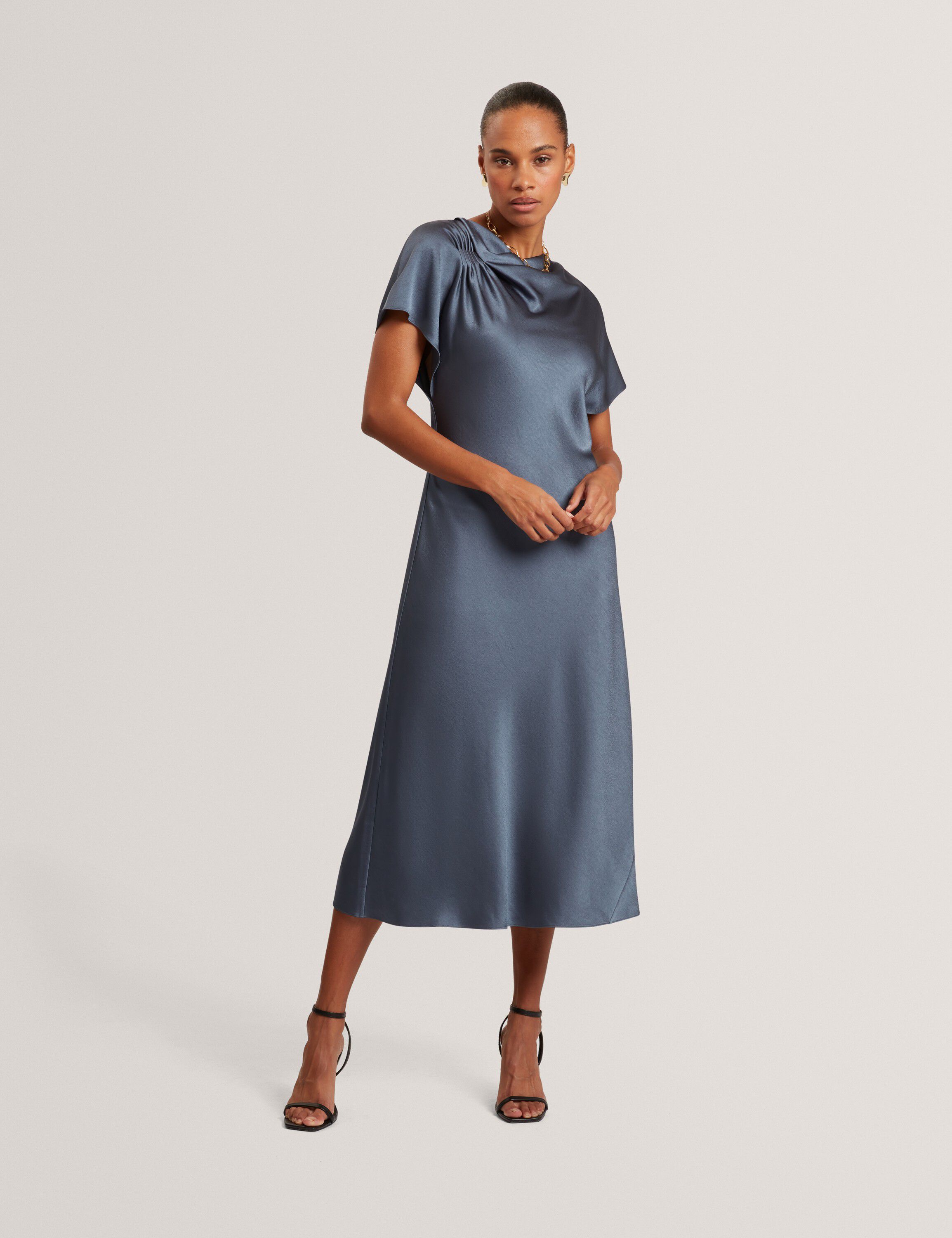 DASCHA Draped Neck Bias Midi Dress