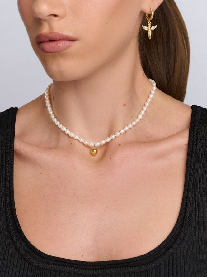 Pearl Choker with Gold Sphere Pendant