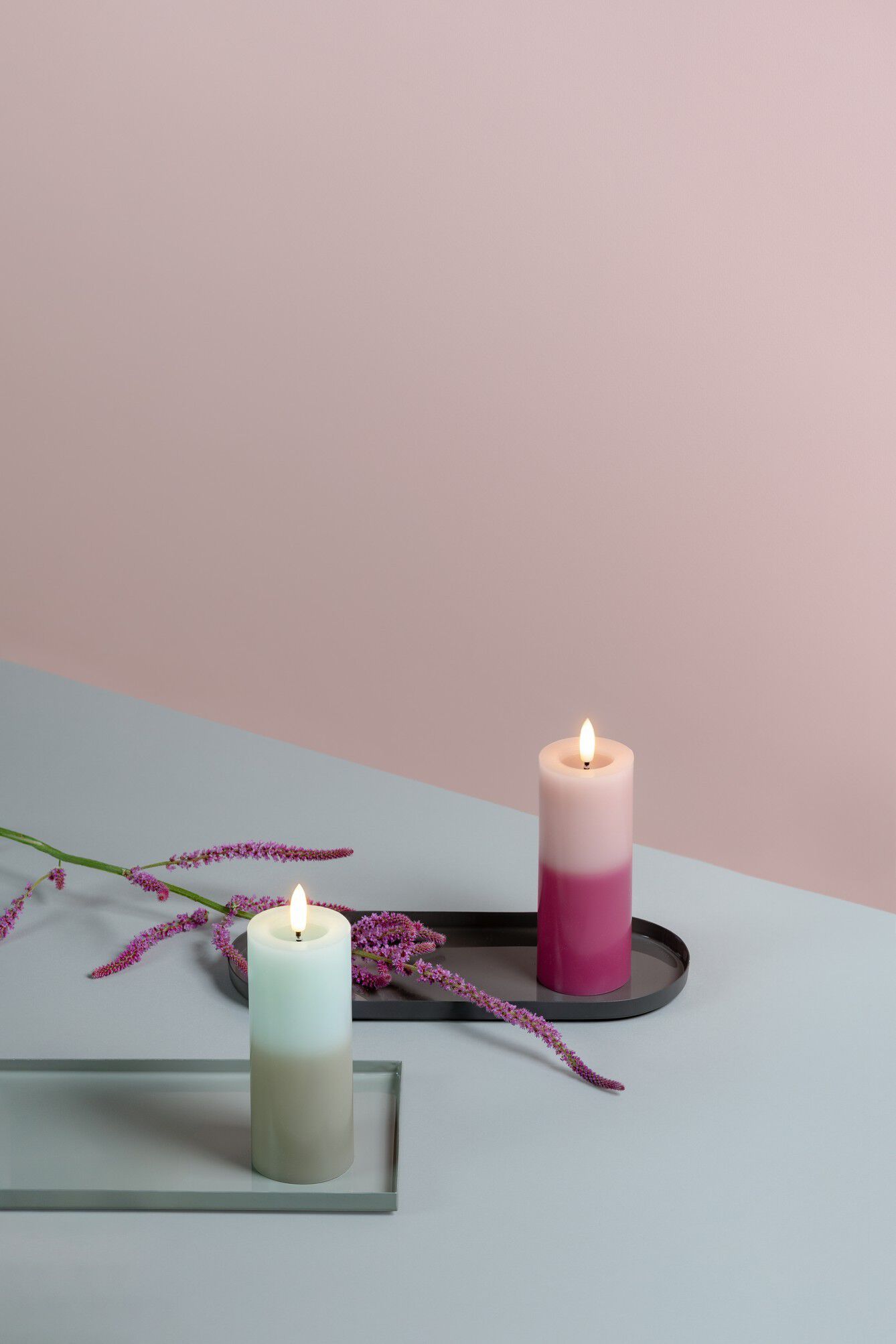 MM LED pillar candle, Silk, Melted, Multi-colour green, 49x1