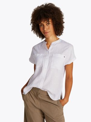 ESS LINEN COLLARLESS S/S BLOUSE