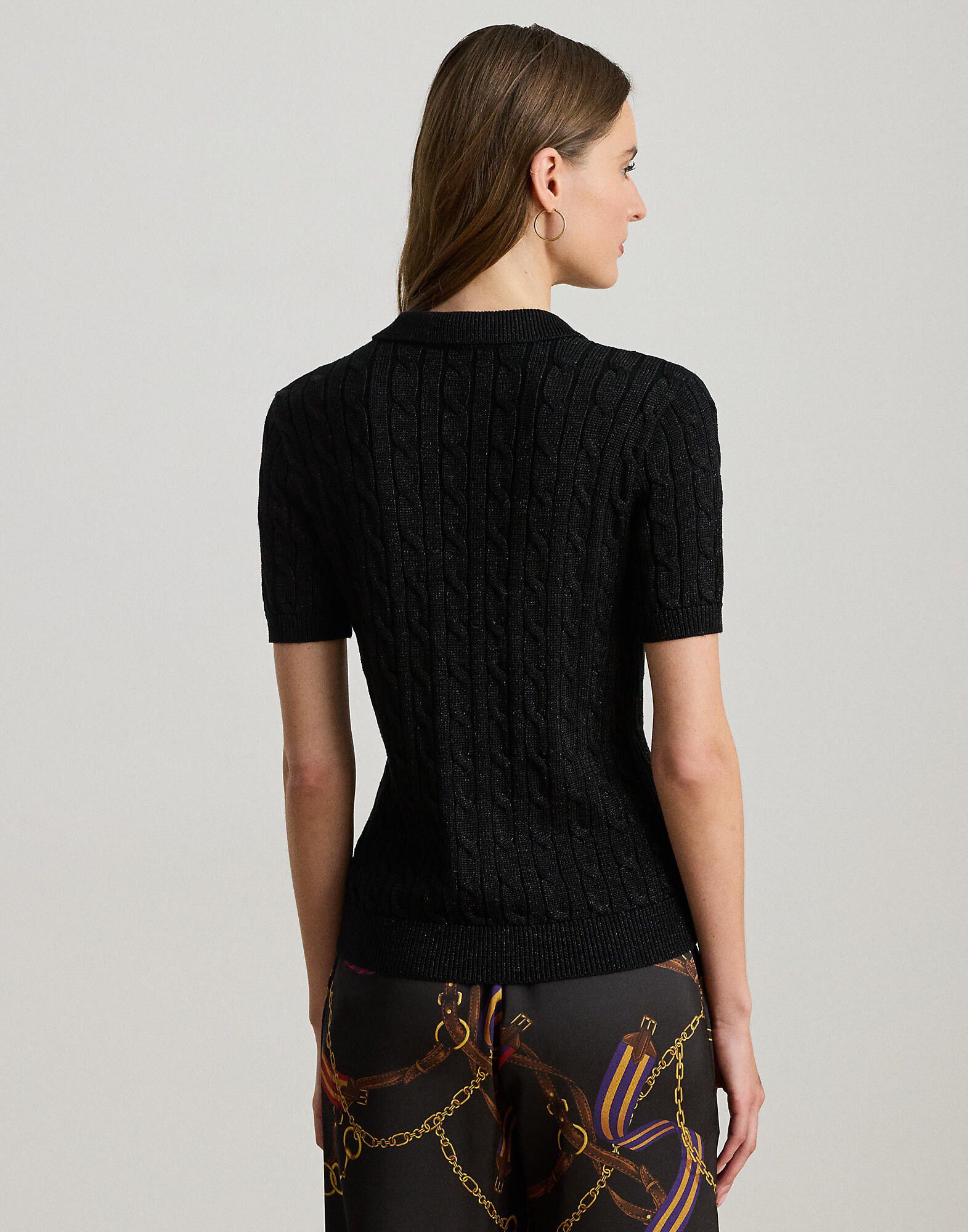 Metallic Cable-Knit Polo Sweater