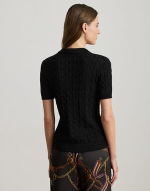 Metallic Cable-Knit Polo Sweater