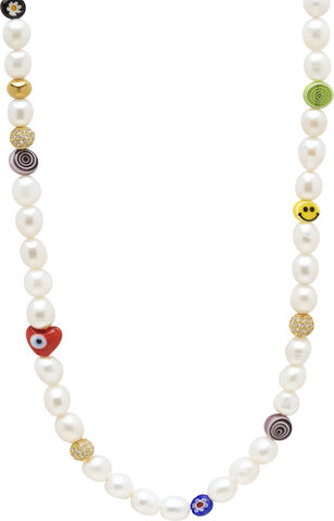 Men's Long Smiley Face Pearl Necklace with Assorted Beads