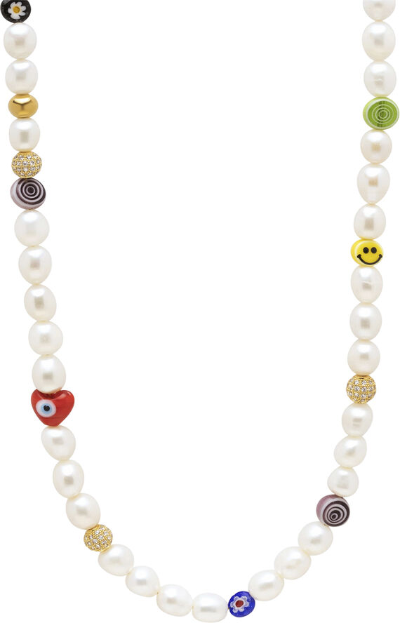 Men's Long Smiley Face Pearl Necklace with Assorted Beads