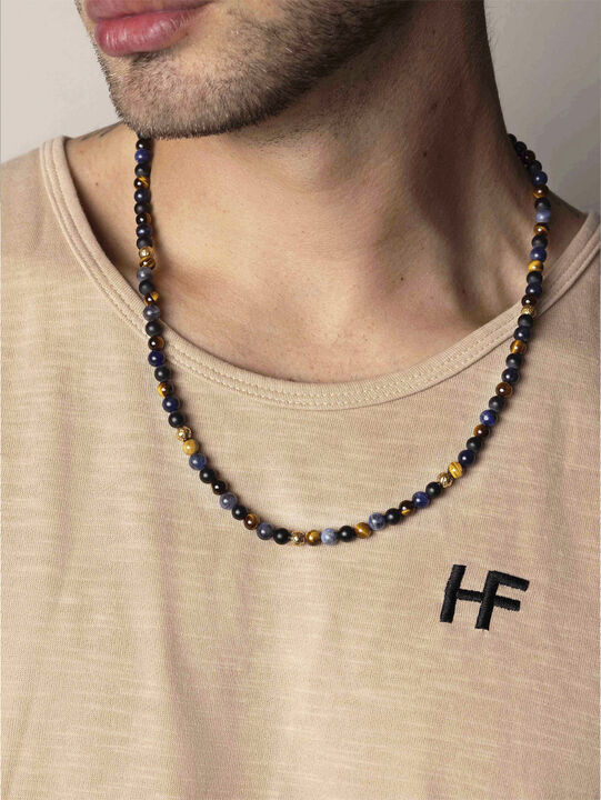 Beaded Necklace with Dumortierite, Brown Tiger Eye, and Gold Plating