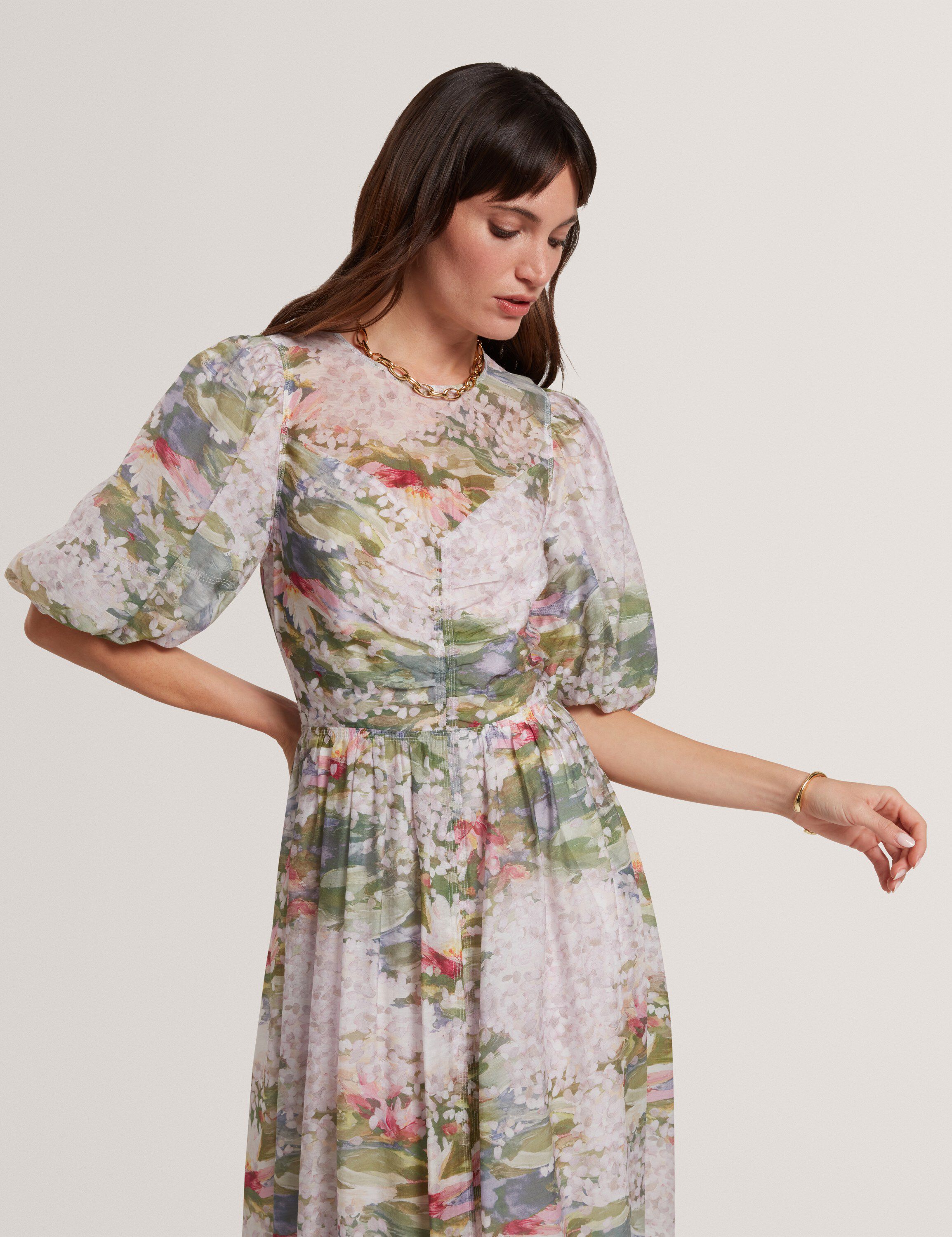 JONOR Puff Sleeve Printed Midi Dres